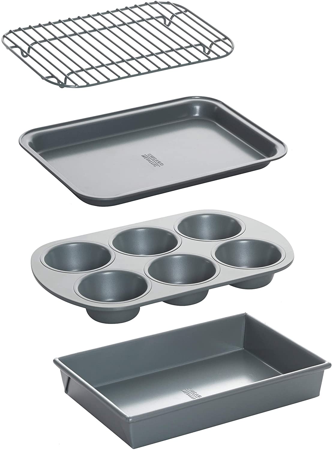 chicago metallic non stick toaster oven bakeware set isolated on white background
